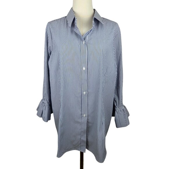 Gretchen Scott Priss Blouse Striped Shirt XL Navy White Button-Down Bell Sleeves - Picture 2 of 10